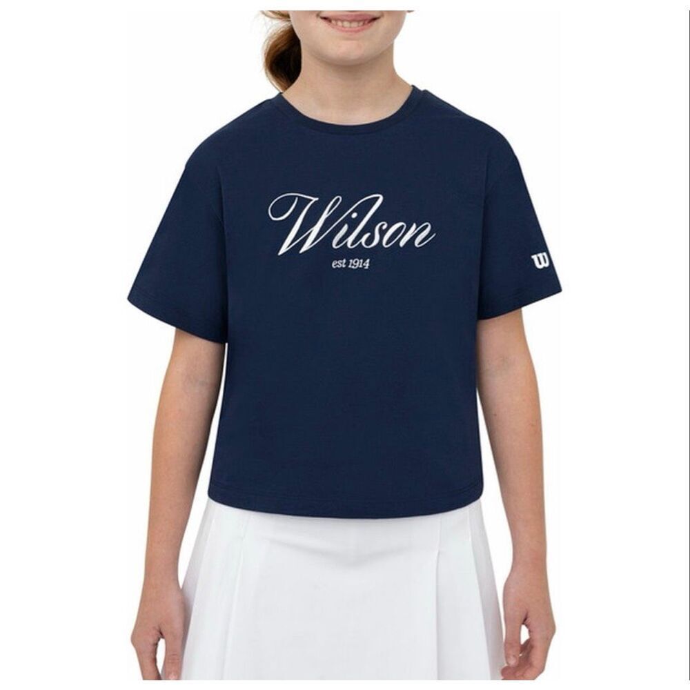 Wilson Girls' Script Boxy embroidered T-Shirt in Navy cotton blend size XL NWT
